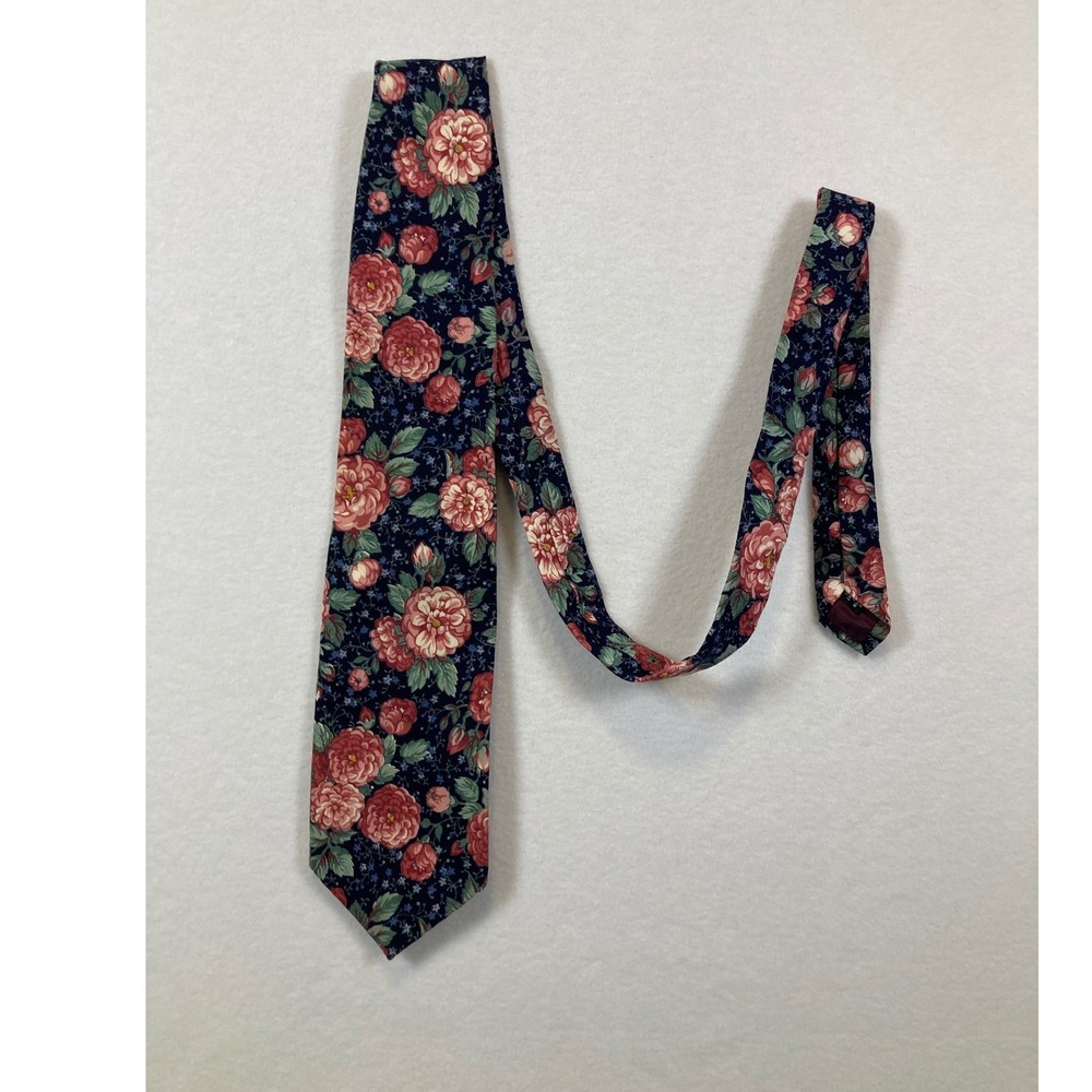 Tango by Max Raab Necktie‎ Mens OS Navy Blue Pink Floral Cotton Made in USA Rose